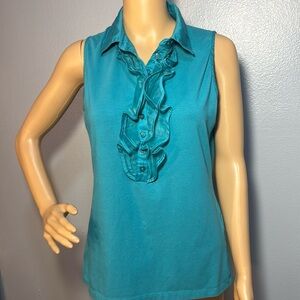 Jones New York Turquoise Ruffle Front Collared 1/4 Button Up Shirt